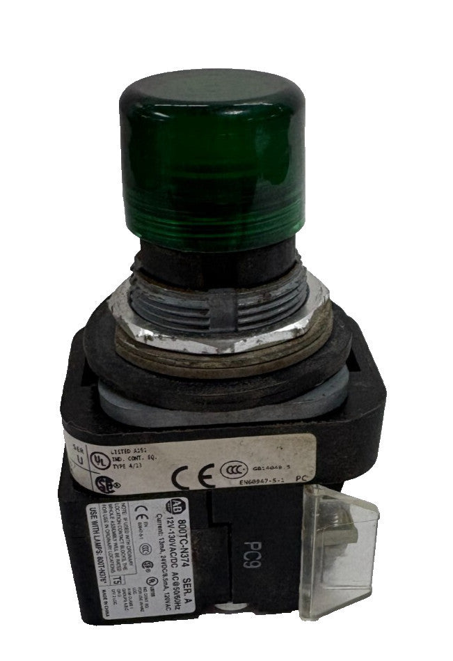 ALLEN BRADLEY, ILLUMINATED GREEN PUSHBUTTON, SERIES A, 800T-QAH2GA2