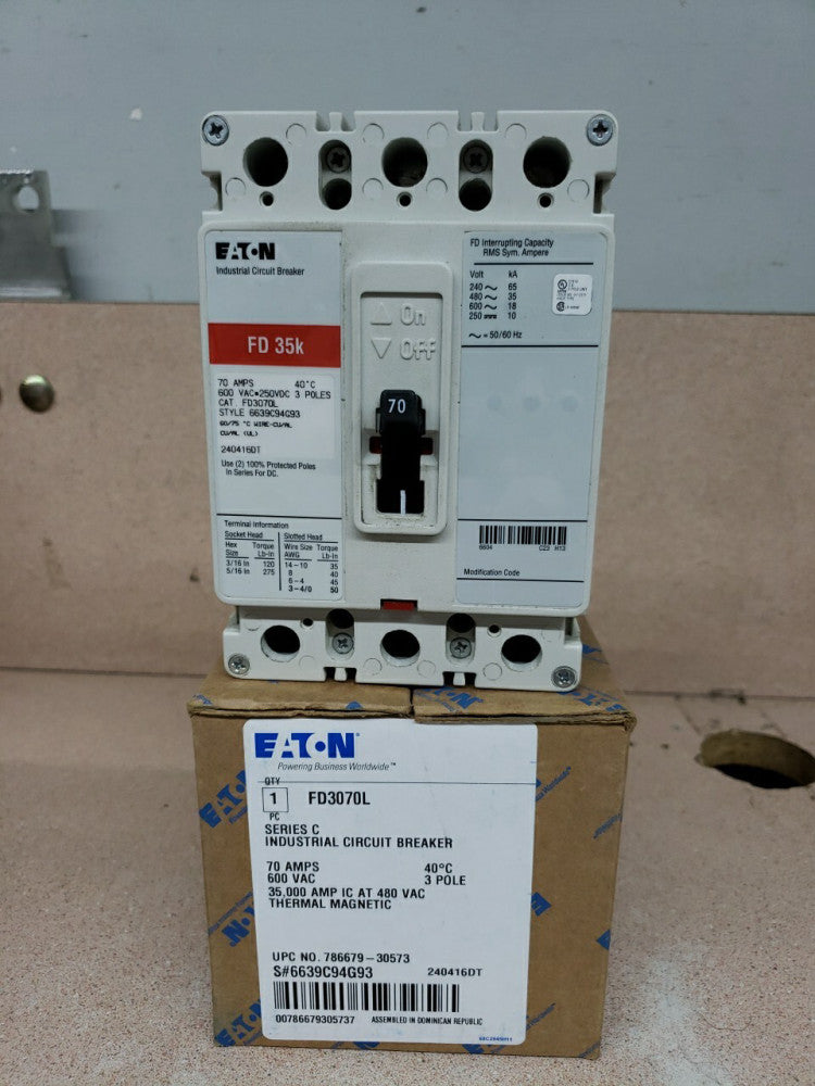 Eaton FD3070L FD 35K 3 Pole 70A 600Vac Molded Case Breaker New!