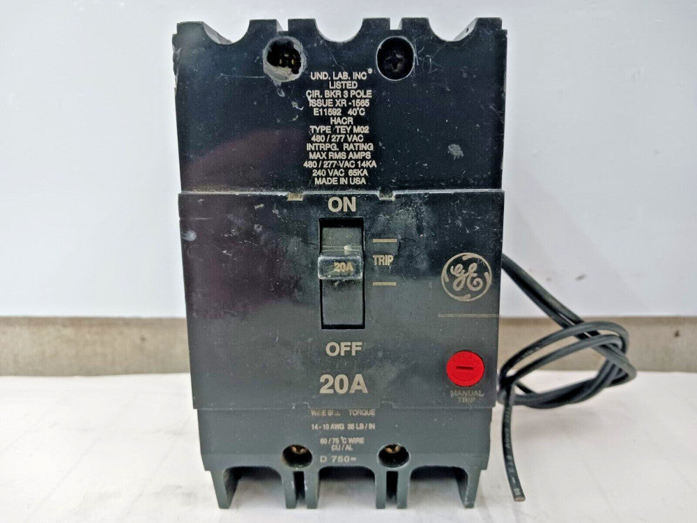 GE 20 AMP CIRCUIT BREAKER 3 POLE 480/277 VAC TEY320ST12 W/ 120 VAC SHUNT TRIP