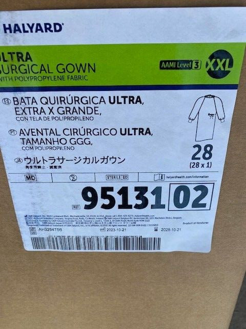 (28 PACK) Halyard Ultra Surgical Gown AAMI Level 3 XX-Long Blue 95131 EXP 10/28
