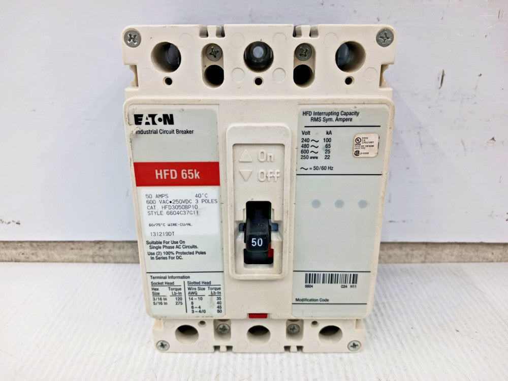 Eaton 50 Amp Circuit Breaker 3 Pole 600 VAC / 250 VDC 65kA HFD3050BP10