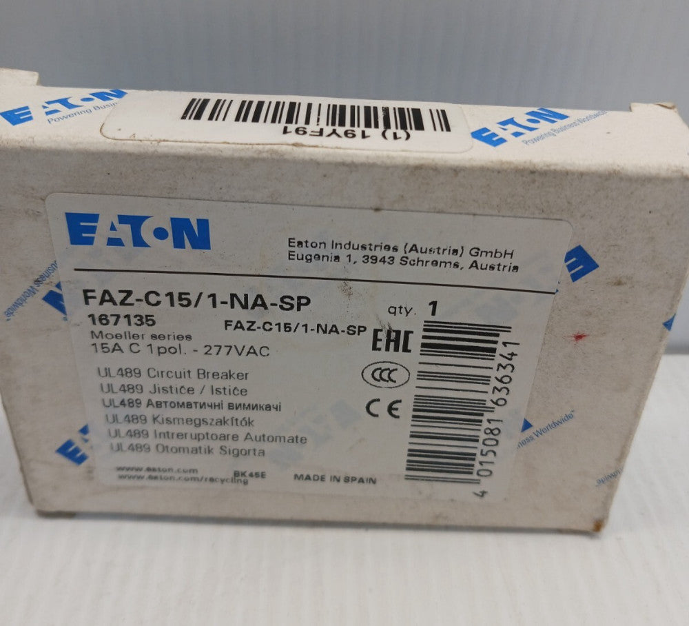 NEW EATON 15 A CIRCUIT BREAKER FAZ-C15/1-NA-SP 1P 277 VAC