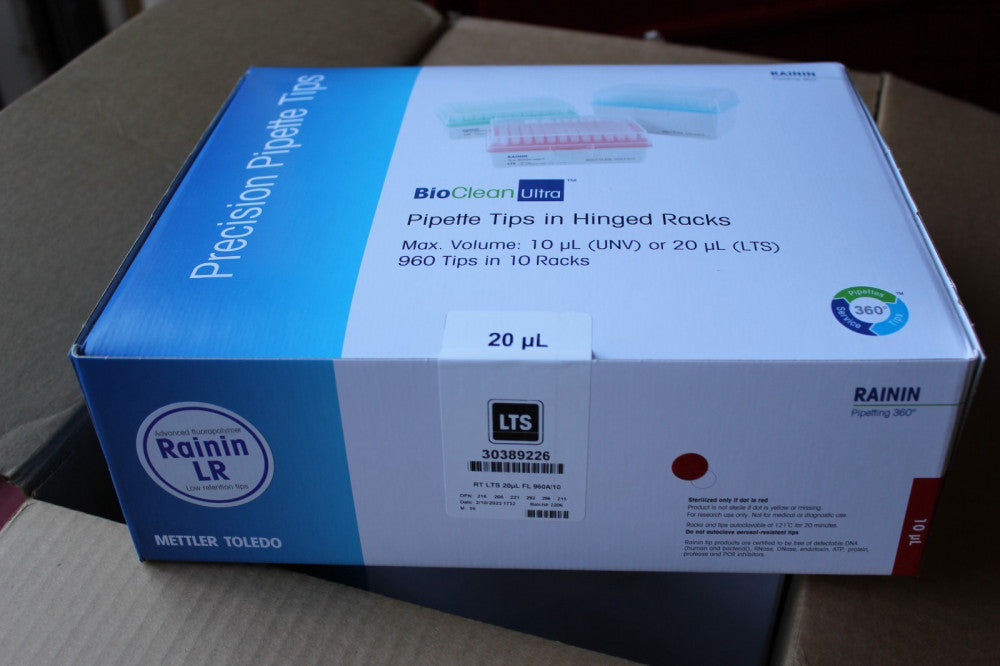 NEW CASE OF 10 RACKS (960 TIPS) RAININ BIOCLEAN ULTRA 20uL PIPETTE TIPS 30389226