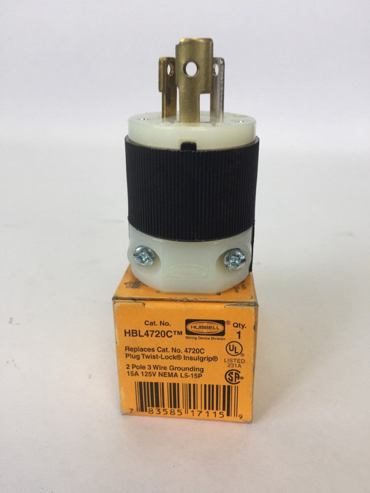 HUBBELL HBL4720C PLUG TWIST-LOCK INSULGRIP 2 POLE 15A 125V 3 WIRE GROUNDING