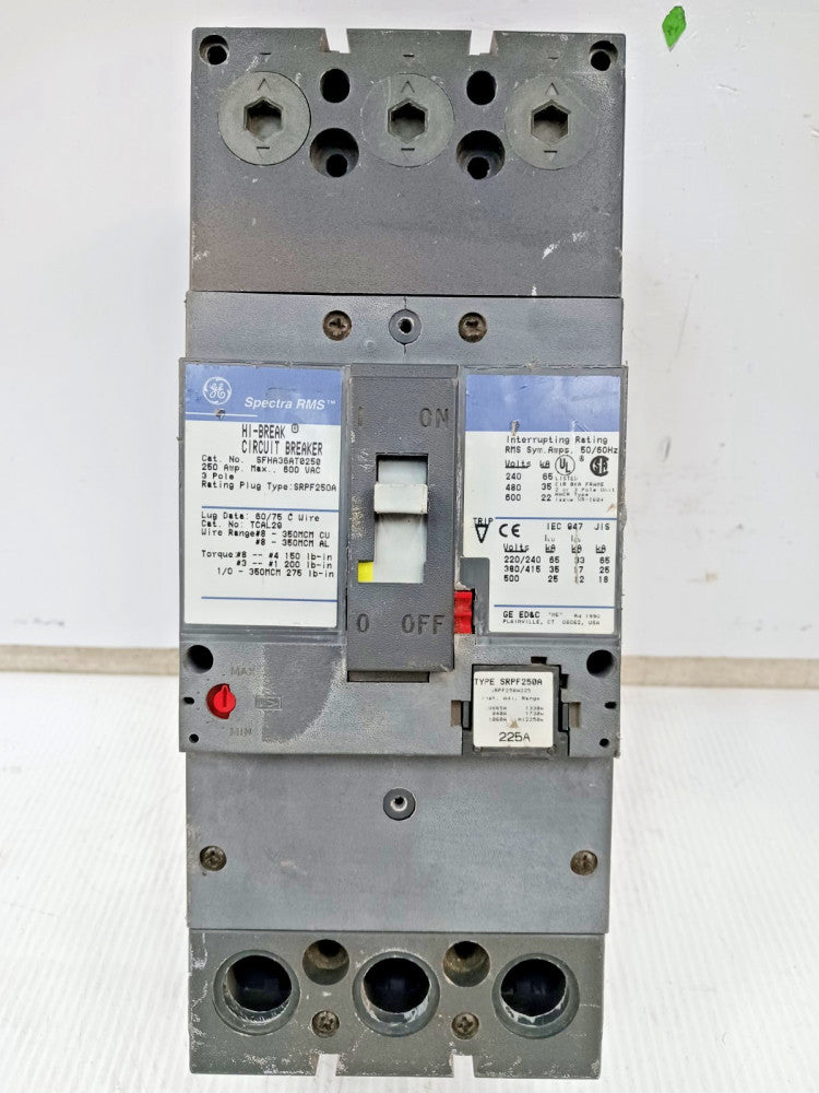 GE 250 Amp Circuit Breaker 3P 600 VAC SFHA36AT0250 W/ 225 Amp Trip Plug *Chipped