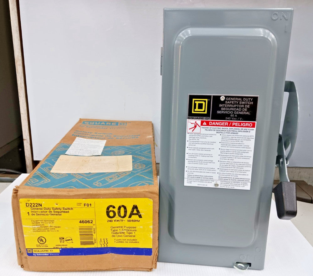 New Square D 60 Amp Fusible Safety Switch 2 Pole 240 VAC 7.5 HP D222N