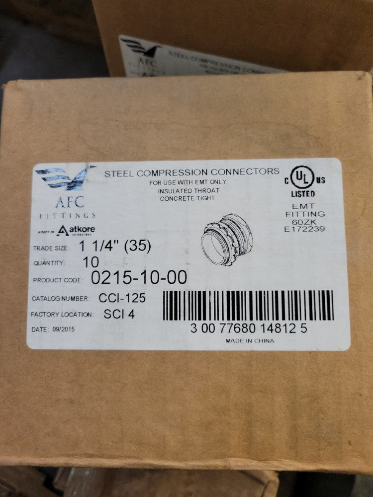 1 BOX- AFC Cable CCI125 EMT Compression Connector Insulated Throat 1-1/4'' Steel