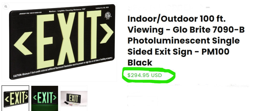 Jessup 7090-B Glo Brite Photoluminescent Single Sided Exit Sign 100 ft. Vis[C5B2