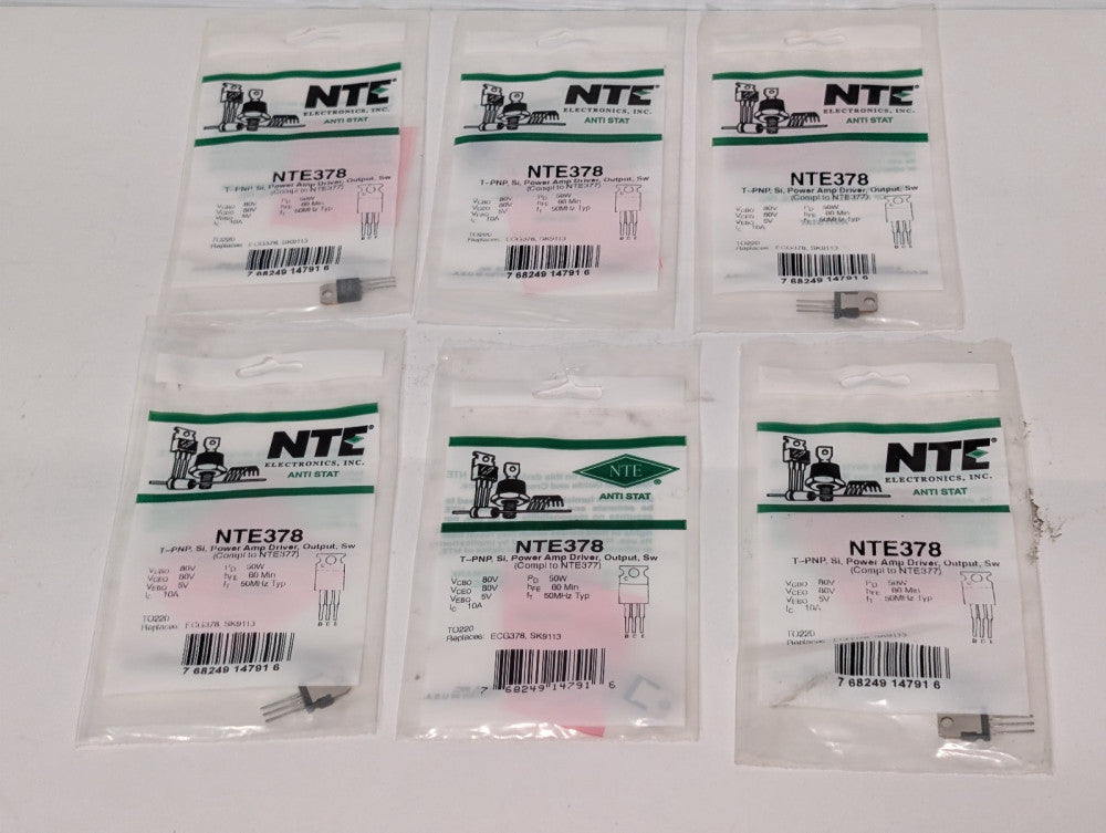 (6) NTE Electronics NTE378 T-PNP, Si, Power Amp Driver, Output, Sw, Anti-Stat