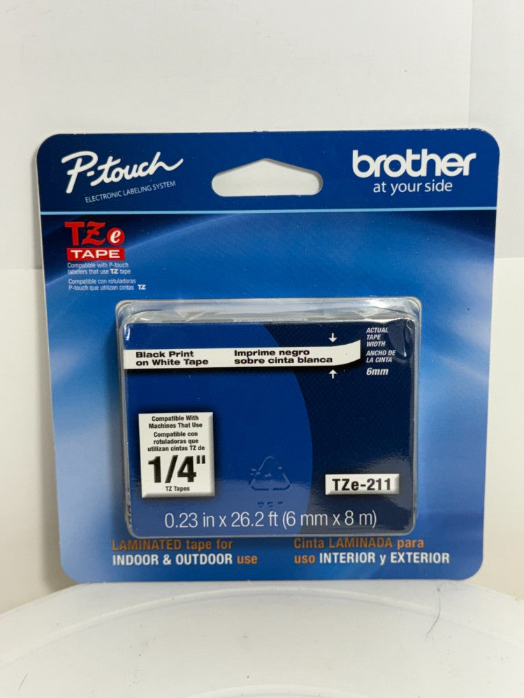Brother P-Touch Labeler TZe Tape TZe-211 Black Print on White Tape 1/4" 6mm