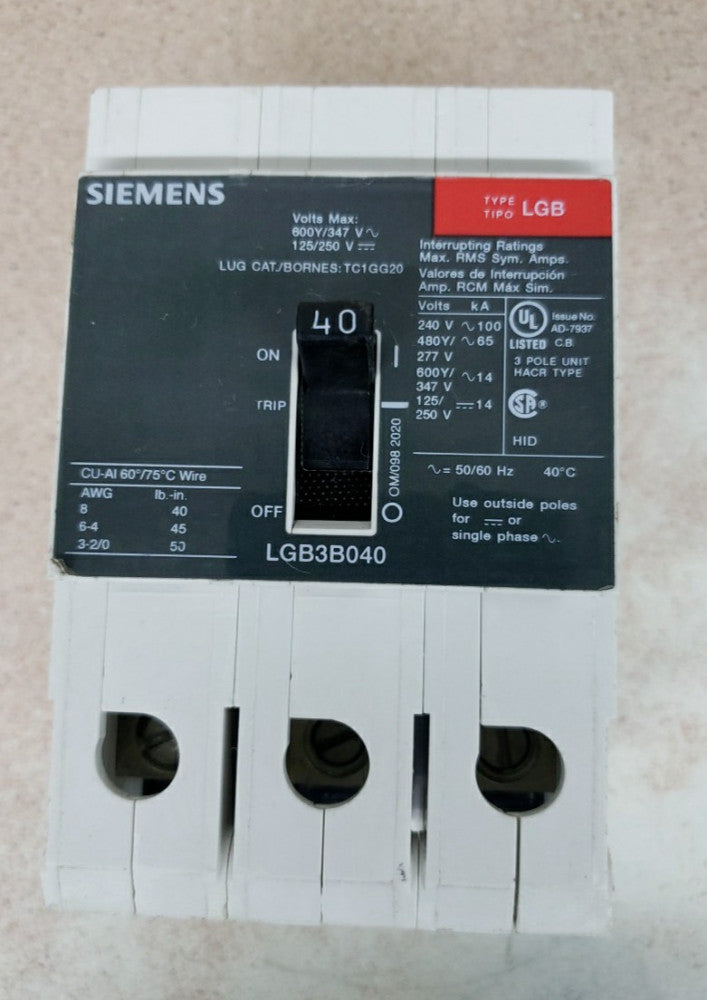 Siemens LGB3B040 Bolt-On Circuit Breaker 40A 240V 3P 3PH Type LGB NTO