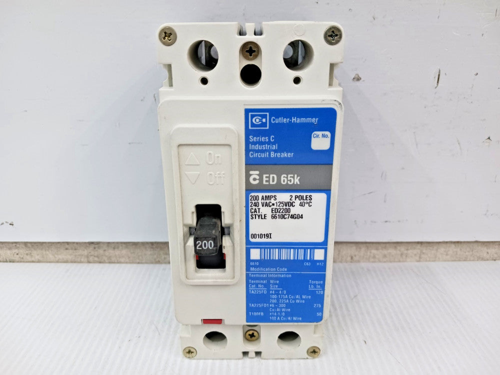 Cutler Hammer 200 Amp Circuit Breaker 2 Pole 240 VAC / 125 VDC 65kA ED2200