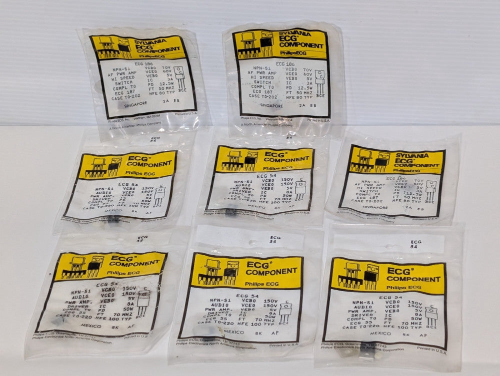 Lot of 8: Phillips ECG Component ECG-54, ECG-186 Transistors, New in Packages