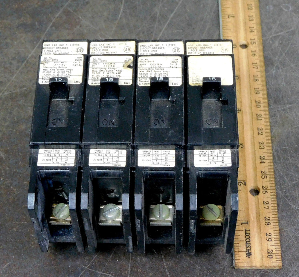 Siemens BQCH1B015 Bolt-On Circuit Breaker 1 Pole 15 Amp 277VAC Lot of Four (4)