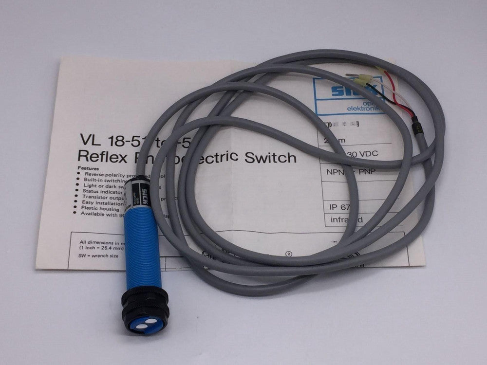 SICK VL18-51 REFLEX PHOTOELECTRIC SWITCH 10-30VDC, 2.6M CABLE PN# 1004421