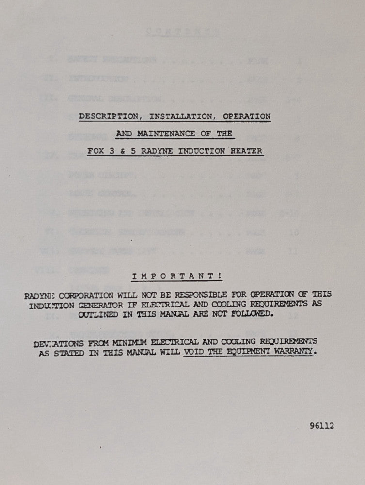 Radyne 14154 Fox 3 & 5 Induction Heater Installation & Operation Manual as shown