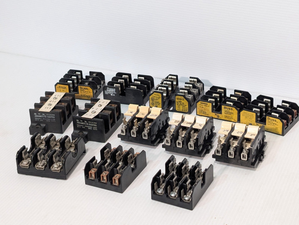 Lot of 13: Assorted Buss, Square D, Gould Shawmut 3-Pole Fuse Holder Blocks