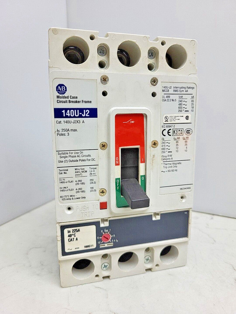 Allen Bradley 140U-J2D3-D22 Ser A Molded Case 225A Amp 3-Pole Circuit Breaker