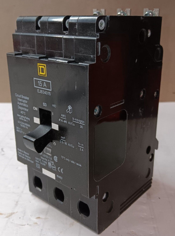 NEW SQUARE D EJB34015 BOLT-ON CIRCUIT BREAKER 15 AMP 3 POLE 480 VAC 100kA @ 240V