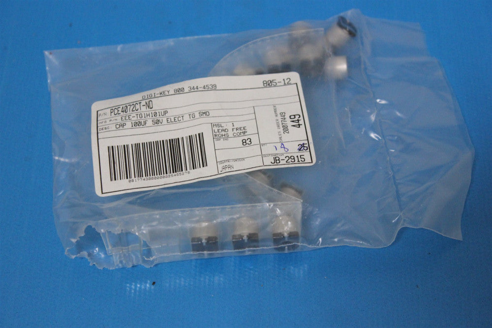 (18) PANASONIC CAPACITORS ALUMINUM 100UF 20% 50V SURFACE MOUNT