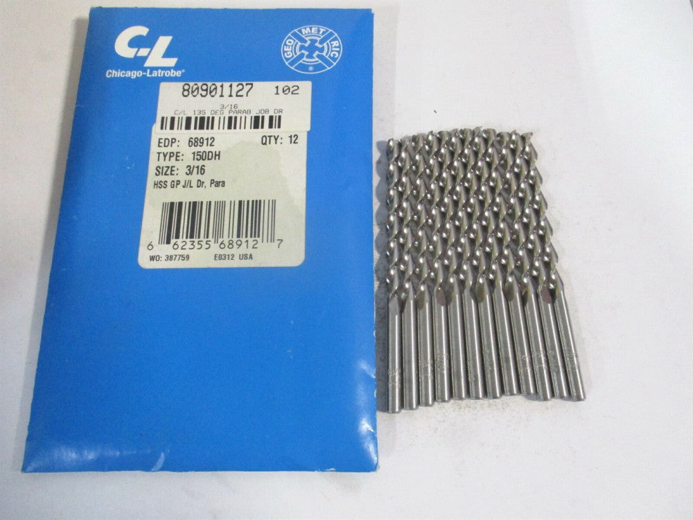 (68912) 3/16" x 3-1/2" 135° High Speed Steel RH Straight Jobber Drill - Qty 12
