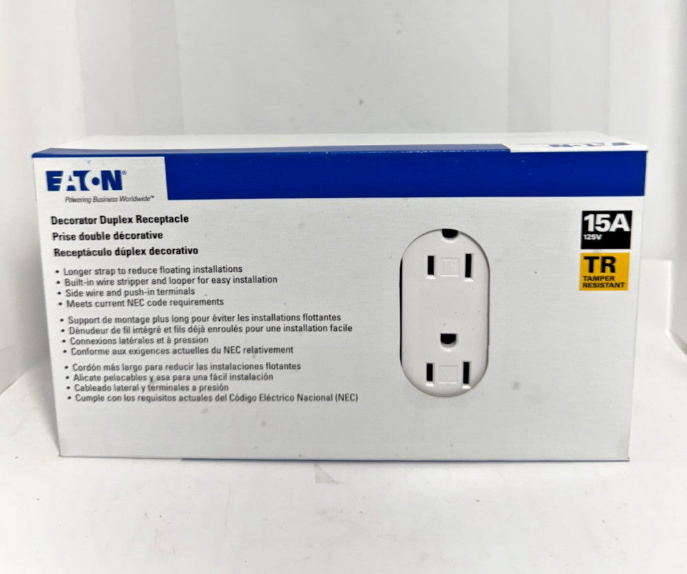 (Box of 10) Eaton TR1107W Decorator Duplex Receptacle White 15A 125V/AC 2-Pole