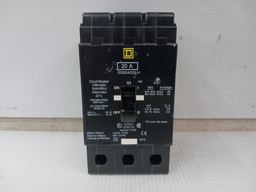 Square D 20 Amp Bolt-On Circuit Breaker 3 Pole 480Y/277 VAC 35kA EGB34020LH