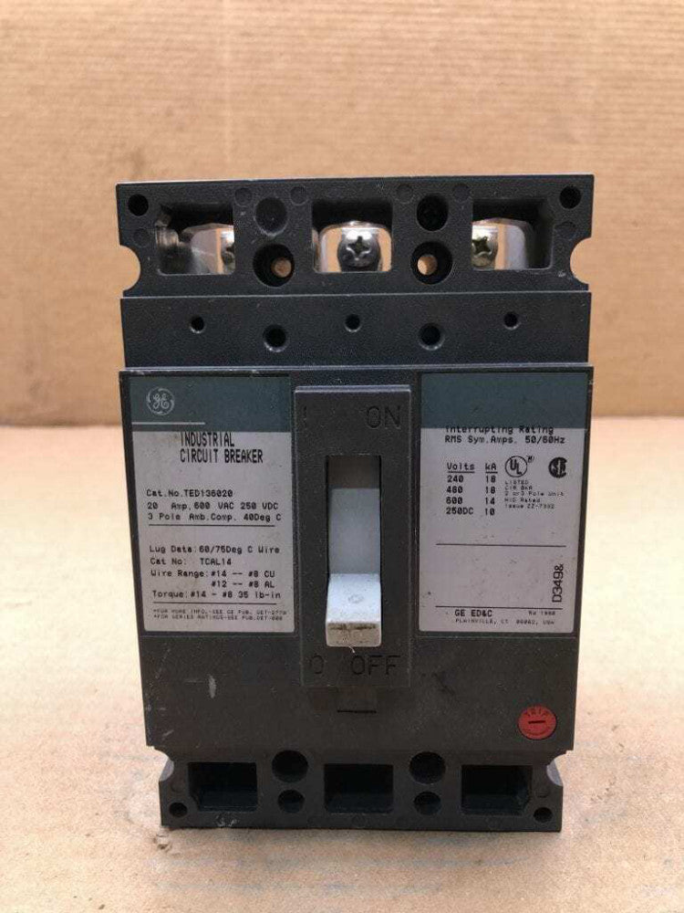GE General Electric TED136020 20A 3 Pole Circuit Breaker 600VAC 250VDC