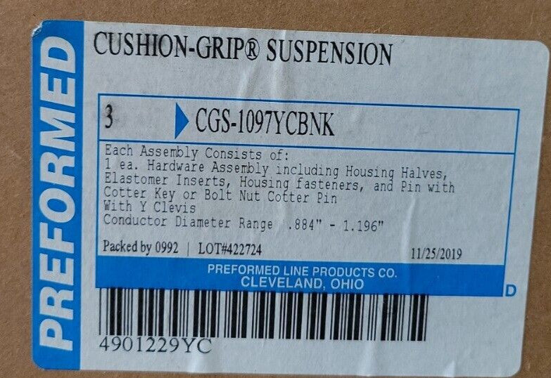 1 BOX 3-Preformed Line Products CGS-1097YCBNK Cushion Grip Suspension