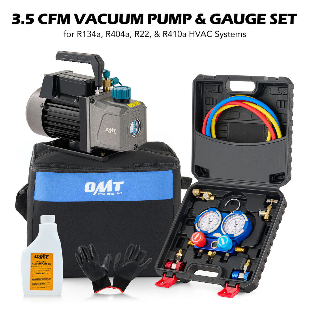 3.5CFM 1/4HP Air Vacuum Pump HVAC Refrigeration AC Manifold Gauge Set R134a Tap