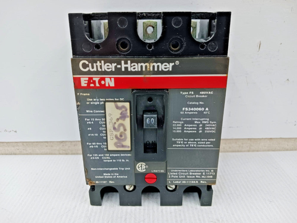 Eaton 60 Amp Circuit Breaker 3 Pole 480 VAC / 250 VDC 14kA FS340060A