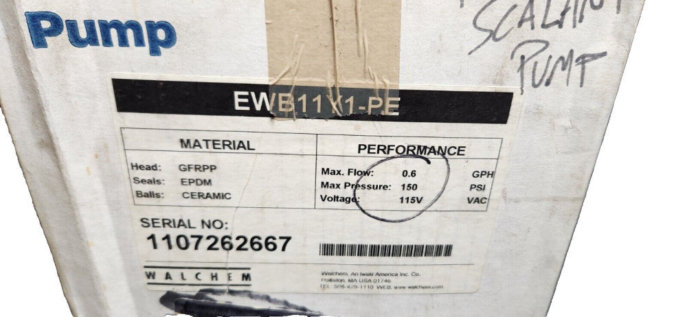 Iwaki Walchem E-Class Metering Pump EWB EWB11Y1-PE GFRPP HEAD EPDM SEALS -NEW-