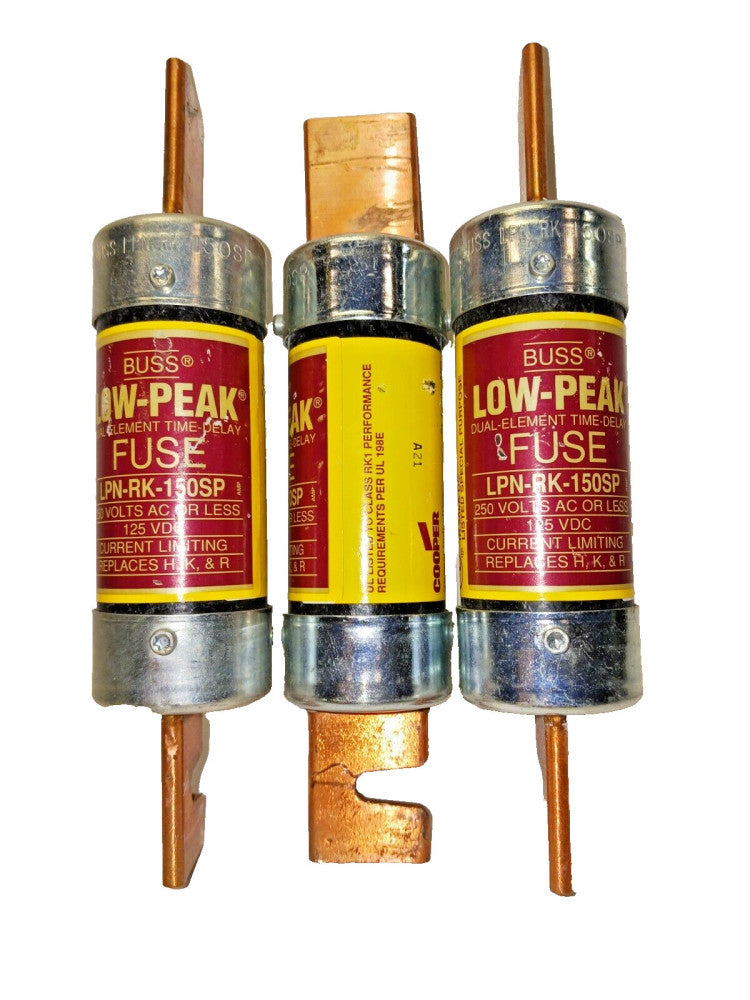 3) BUSSMANN LPN-RK-150SP LOW-PEAK CURRENT LIMITING FUSE 150 AMP 250 VAC 125 VDC