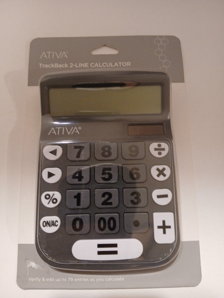 2 Line LCD Calculator ATIVA Trackback Solar and Battery 12-Digit Desktop T3