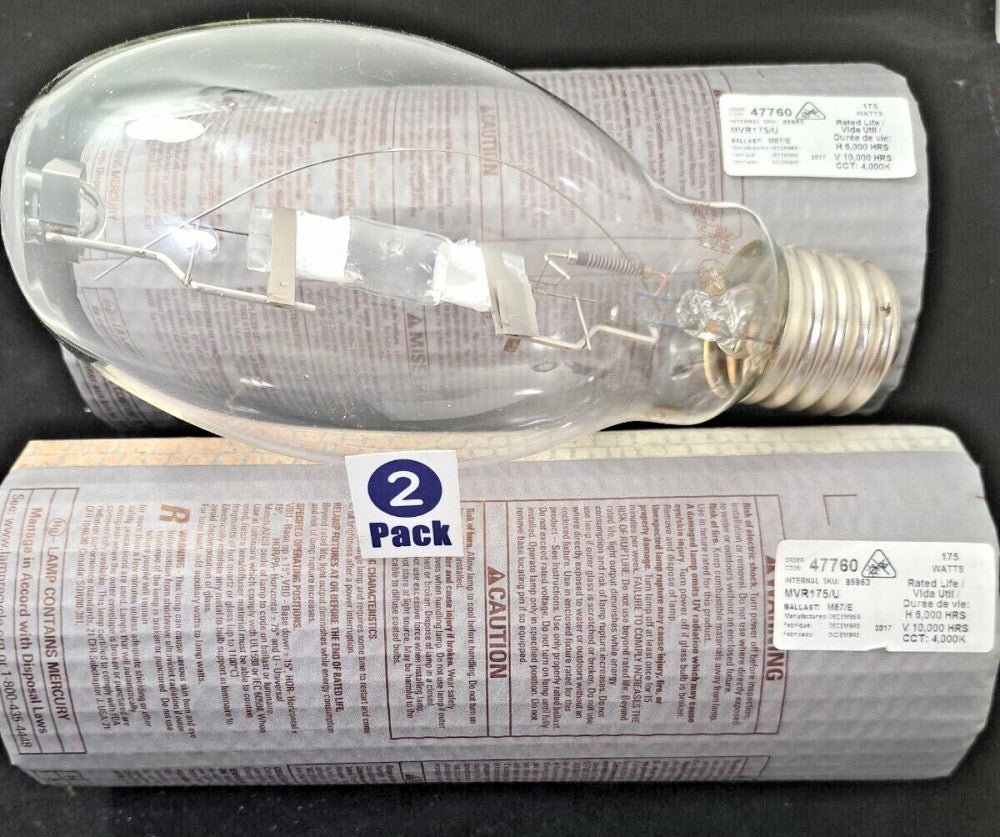 New 2-Pk GE 47760 MVR175/U - 175W Multi-Vapor Quartz Metal Halide ED28 Lamp