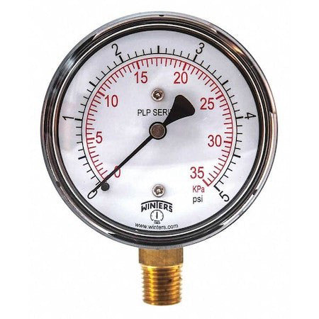 Winters Plp305 Low Pressure Gauge, 0 To 5 Psi, 2 1/2 In Dial, 1/4 In Npt,