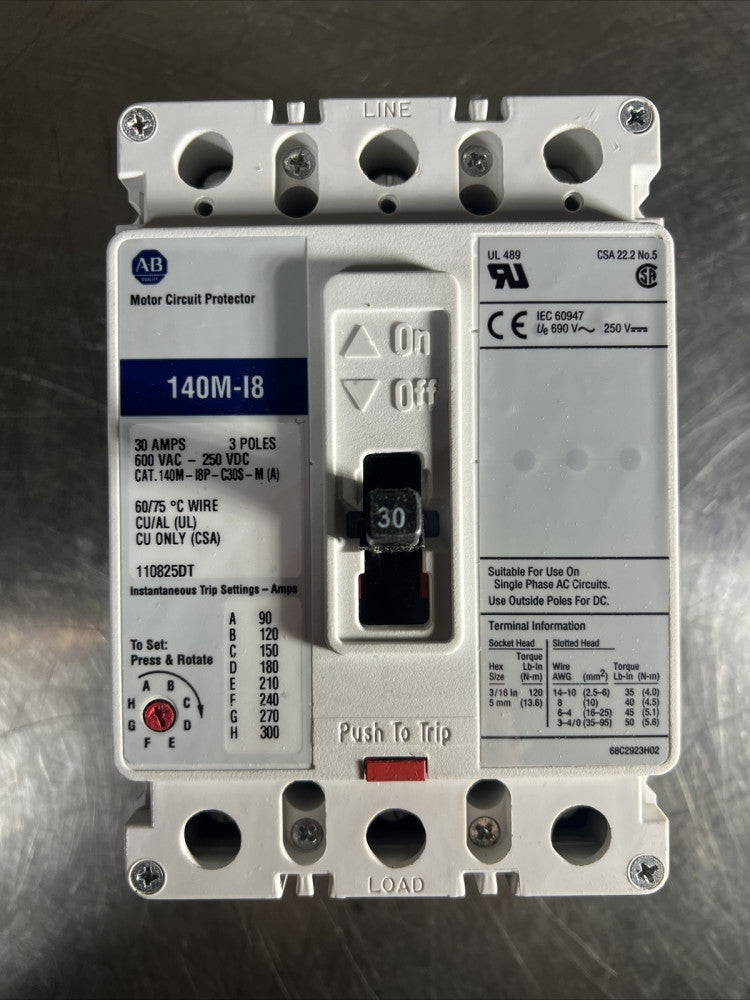 Nos ALLEN BRADLEY CIRCUIT BREAKER (MCP)BULLETIN 140M-I8P-C30S-M(A) 3PL 30AMP