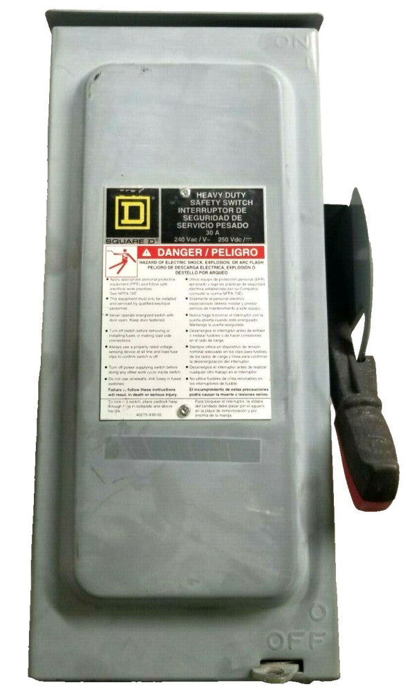 Square D 30 Amp Fusible Safety Disconnect Switch 240 VAC 3 Phase 3R H321NRB