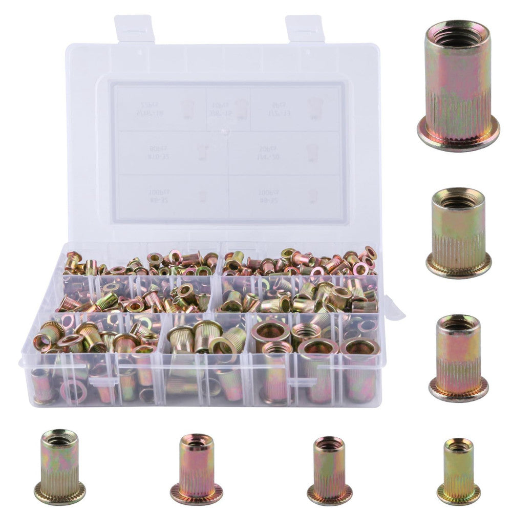 368pcs Rivet Nut Assortment Kit Yellow Zinc Flat Head Rivnut Set Threaded Ins...