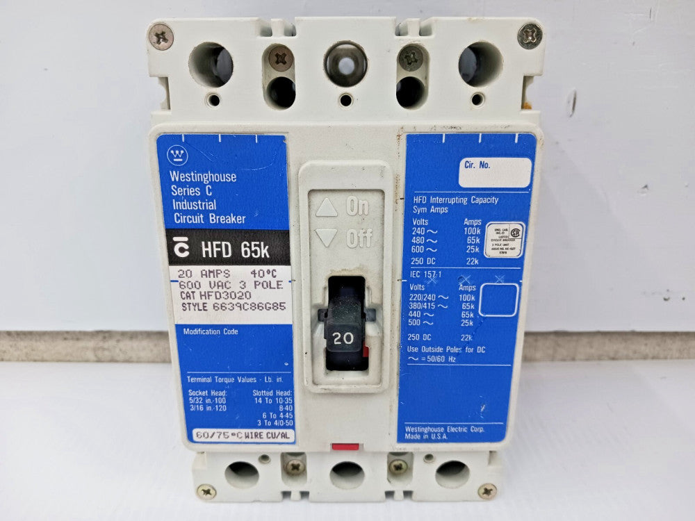WESTINGHOUSE 20 AMP CIRCUIT BREAKER 3 POLE 600 VAC / 250 VDC 65kA HFD3020