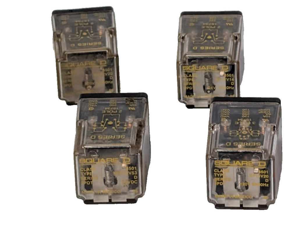 Lot of 4 Square D relays: two 8501-KP12V14, one 8501-KPD12V53, one 8501-KP12V20