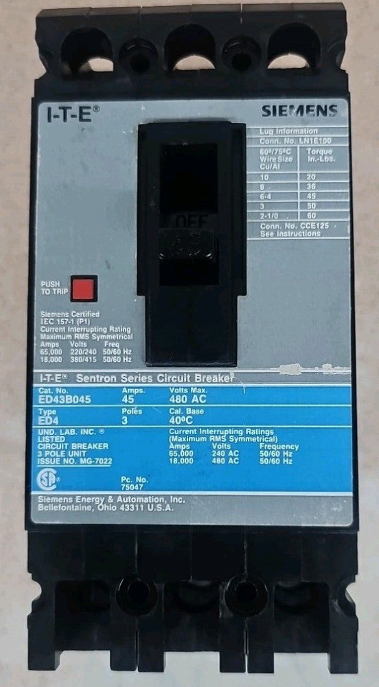 Siemens ED43B045 3 Pole 45 Amp 480 Vac Circuit Breaker