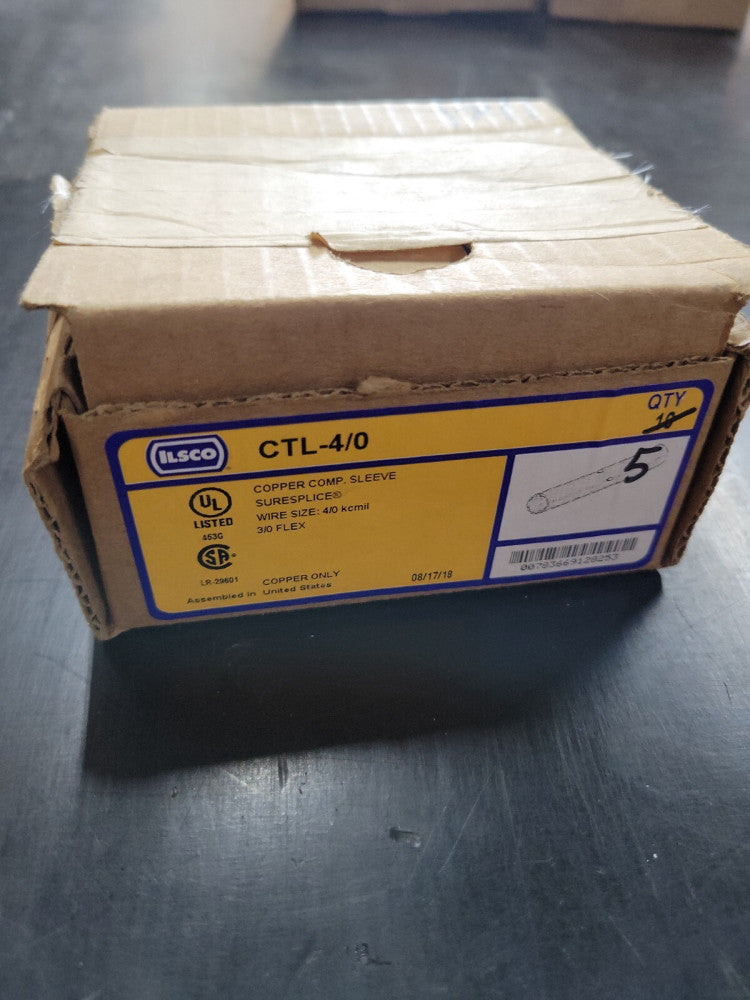 New! Box of 5 Ilsco CTL-4/0 Electro Tin Plated Copper Compression Sleeve 4/0 AWG