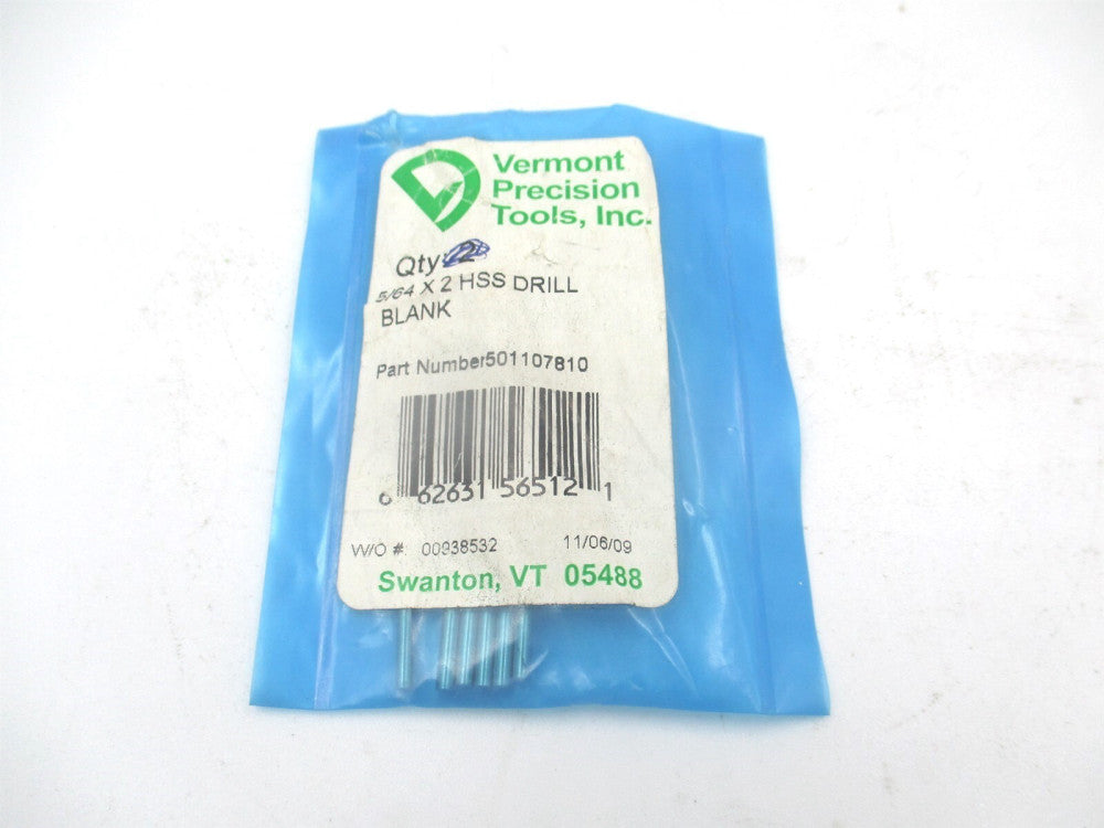 Vermont (950D 5/64) 5/64 x 2 OAL Bright Finish HSS Long Drill Blank - Pack of 9