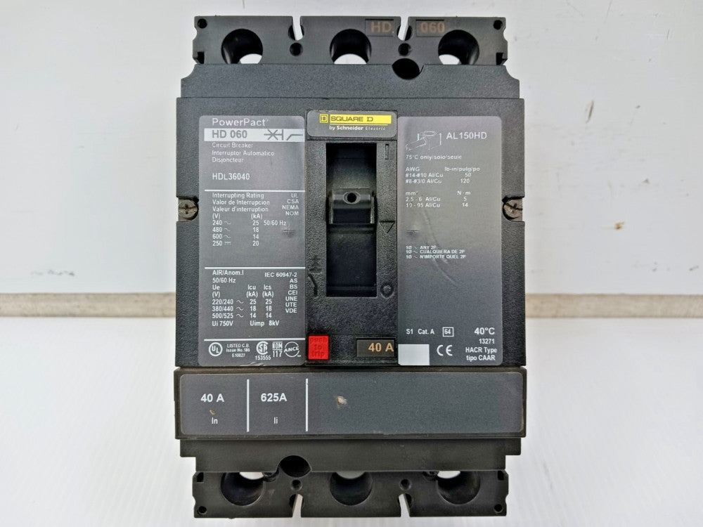 New Square D PowerPact 40 Amp Circuit Breaker 3 Pole 600 VAC / 250 VDC HDL36040