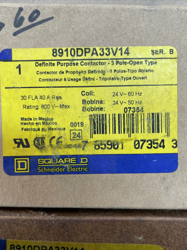 ( 1 ) Square D 8910DPA33V14 Definite Purpose Contactor 3 Pole 24V Coil 40 Amps