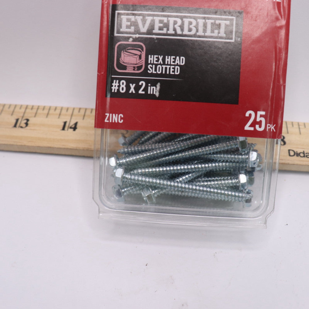 (25-Pk) Everbilt Slotted Hex Head Sheet Metal Screw Zinc Plated #8 x 2" 420 742