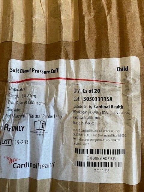 (Case of 20) Cardinal Health 30503311SA CUFF, SOFT, CHILD, 1 TUBE, BAYONET (NEW)