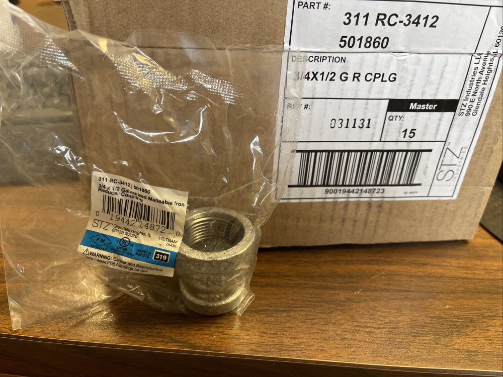 (15 PC CASE) 3/4 X 1/2" GALVANIZED MALLEABLE IRON REDUCER COUPLING, 311 RC-3412