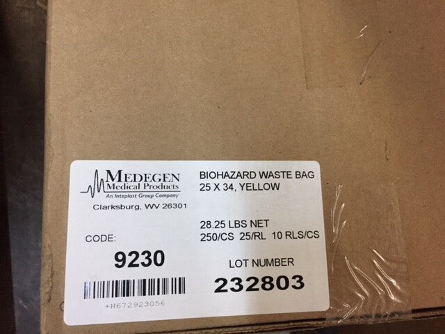 Medegen 9230 Yellow/Black LLDPE Biohazardous Waste Bags, 25" x 34" (Case of 250)